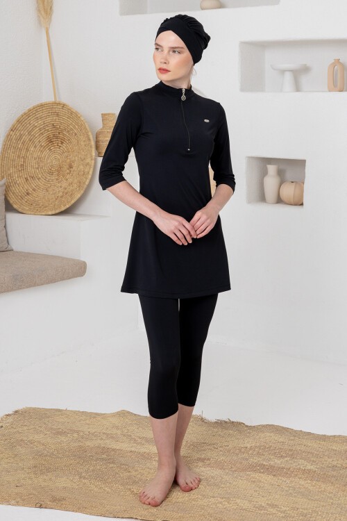 Anda Likralı Yarım Kollu Tesettür Mayo