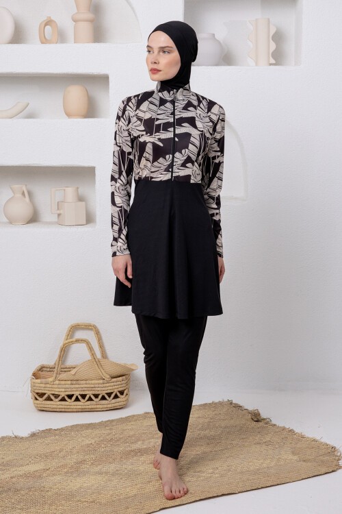 Zavene Likralı Uzun Kollu Tesettür Mayo